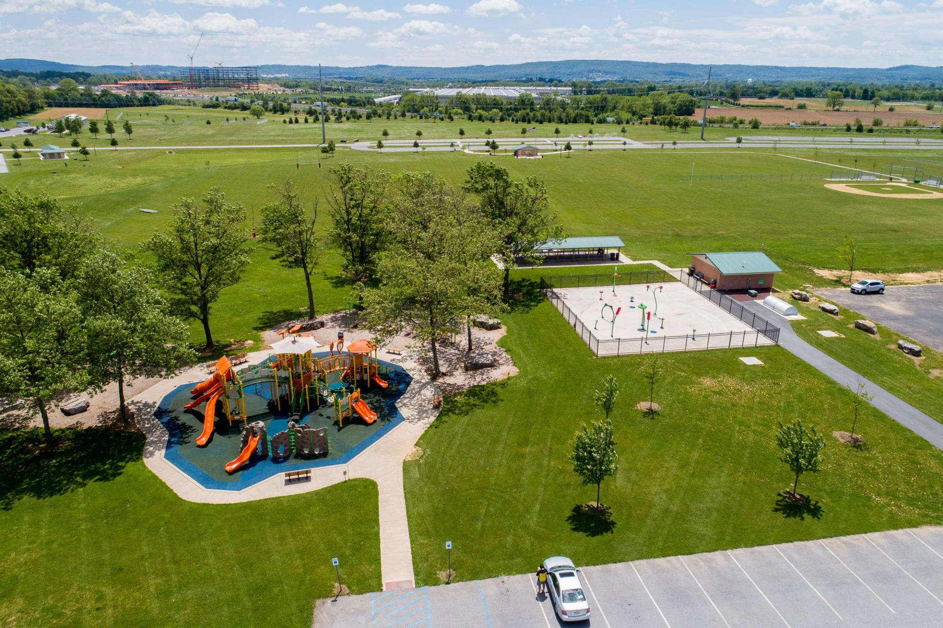 Aerial-of-Splash-Park-and-Playground-sunny